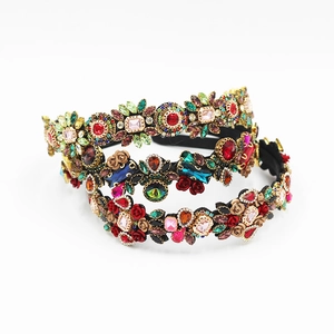 Baroque floral headband with colorful rhinestones and resin roses for wedding parties