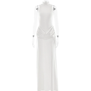 Detail of white sleeveless high-neck maxi dress featuring elegant waist pleats