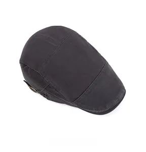 Top view of dark grey washed cotton flat cap featuring cross stitching and side buckle detail