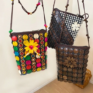 Bohemian coconut shell crossbody mini bags with woven wood beads and floral patterns