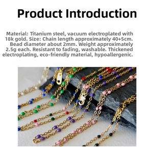 Detail of 18k gold plated titanium steel necklaces with colorful 2mm beads in macro view