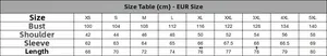 Detailed EUR size chart for men's long sleeve T-shirt with bust and shoulder measurements