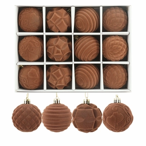 Set of 12 brown flocked Christmas balls with assorted geometric velvet textures