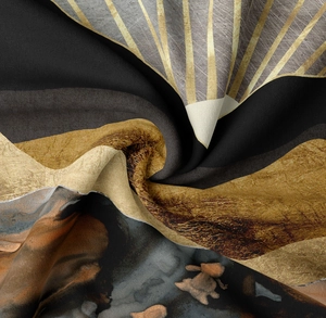 Macro shot of abstract mountain texture on tapestry with golden and black flowing patterns