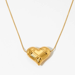 Gold hollow heart pendant necklace with quilted pattern and sleek snake chain for women