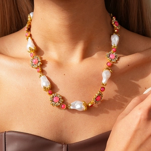 Vintage gold necklace with baroque pearls, pink floral crystals and rhinestones for women