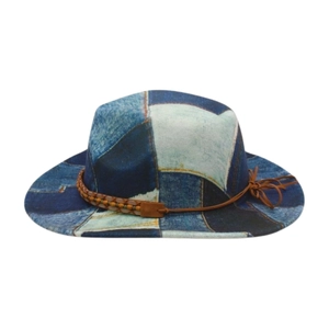 Close-up of patchwork denim sun hat with woven leather trim and intricate floral texture