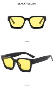 Detail view showing front and 45-degree angles of black rectangular sunglasses with yellow lenses