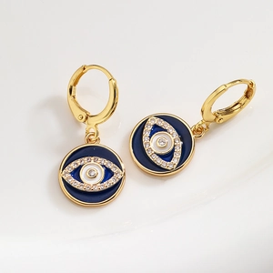Bohemian 18K gold plated hoop earrings with blue enamel evil eye and sparkling zircons