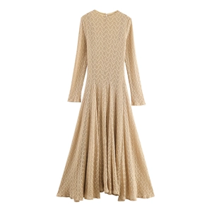 Long Sleeve Knit Maxi Dress Hollow Out Elegant Slim Fit High Waist Round Neck Solid Color Beige A-Line Large Hem Women