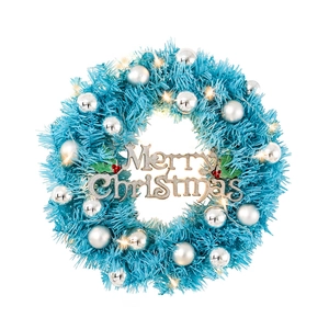 30cm blue Christmas wreath with silver ornaments and warm LED lights on white background