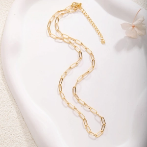 Detail of gold-plated paperclip chain necklace with lobster clasp and extension chain