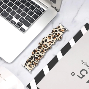 Leopard print scrunchie elastic watch strap for Apple Watch with silver connectors
