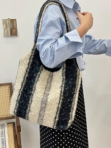 Black and white striped faux fur tote bag for women with spacious minimalist design