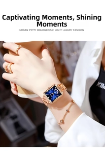 Chic rose gold square quartz watch with deep blue starry dial worn by a model in lifestyle setting