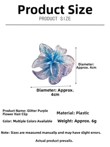 Macro shot of 4cm gradient glitter flower hair claw clip with size and weight details