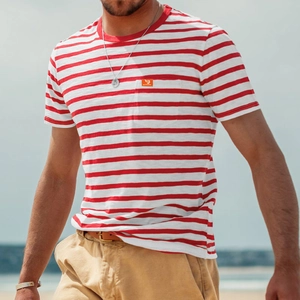 British style men's red and white striped t-shirt with chest pocket and crew neck