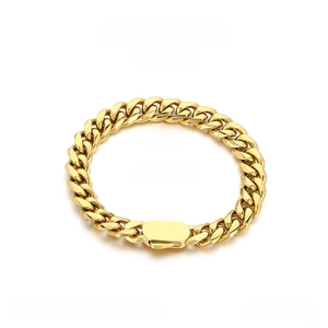 Detail view of 10mm gold stainless steel Cuban link bracelet with high-polish finish