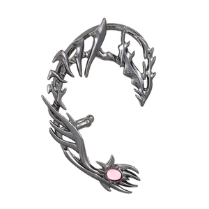 Gothic punk dragon ear cuff in gunmetal silver with a round pink zircon gemstone accent