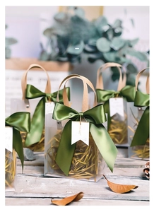 Frosted gift bag with green ribbon, Teachers Day tag and raffia paper filling
