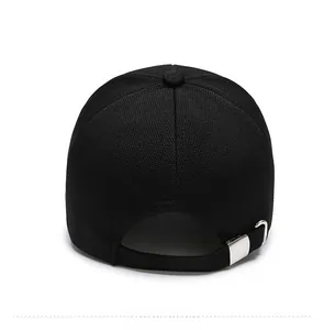 Back view of a black baseball cap featuring an adjustable silver metal slider buckle