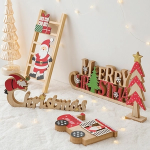 Wooden Christmas table decorations set with Santa, elk, and Merry Christmas letters