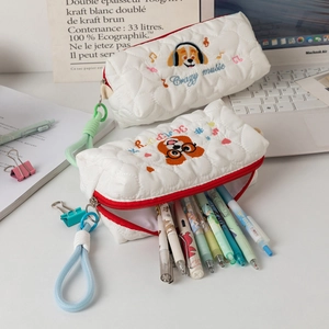 Quilted white pencil case with cute dog embroidery and large storage for school supplies