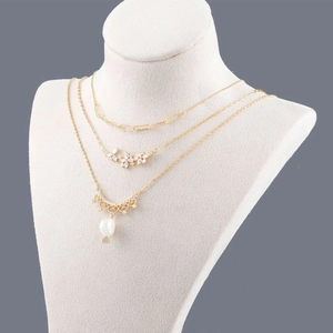 Three-layer 18k gold plated necklace with rhinestone flower and white pearl pendant