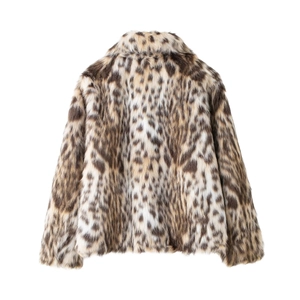 Back view of high-quality faux fur leopard print jacket with textured animal pattern