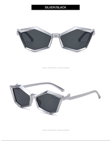 Close-up of geometric polygon silver sunglasses with dark black lenses from two angles