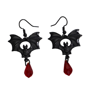 Gothic bat hook earrings with red teardrop crystals for Halloween punk jewelry style