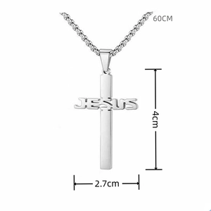 Detail of silver stainless steel Jesus cross pendant showing 4cm by 2.7cm dimensions