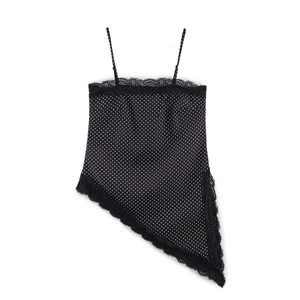 Polka Dot Camisole Tank Top Lace Patchwork Asymmetrical Hem Spaghetti Straps Sexy Casual Sleeveless Women Sweet