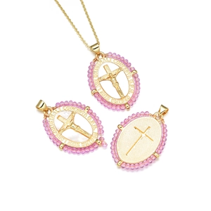 18k gold plated religious necklace with pink beaded cross and Mary oval pendants
