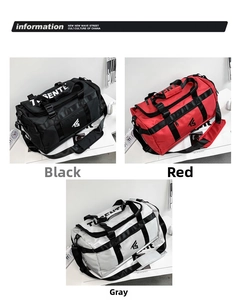 Detail view showing large capacity oxford fabric backpacks in black, red, and grey colors