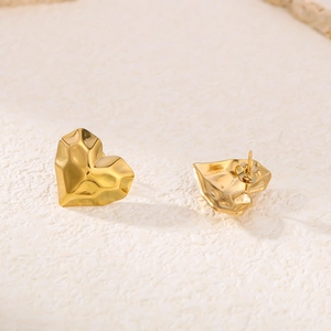 Minimalist 18K gold plated heart earrings with 3D geometric texture and studs