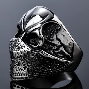 Punk style stainless steel skull ring for men with intricate silver relief details