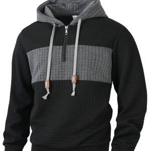 Men's color block waffle knit hoodie with quarter-zip and adjustable grey hood