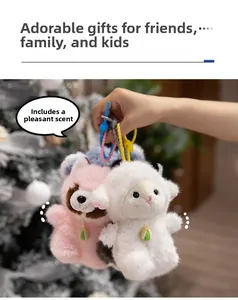 Close-up of scented plush animal keychain with fluffy texture and delicate embroidery