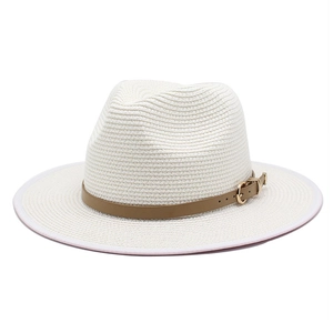Detailed weave of white breathable straw fedora with brown leather buckle band