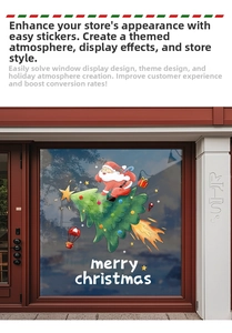 Close-up of Merry Christmas window stickers featuring Santa Claus on a tree rocket