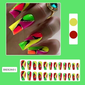 Detailed set of 24 long coffin press-on nails with vibrant neon multicolor patterns