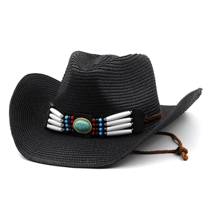Bohemian black straw cowboy sun hat with ethnic beadwork and turquoise stone detail