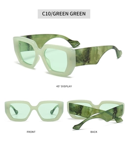Three-angle views of rectangular sage green sunglasses with dark marble texture temples