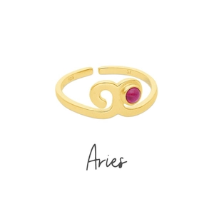 18K gold plated Aries zodiac ring with pink zircon gemstone and adjustable open band