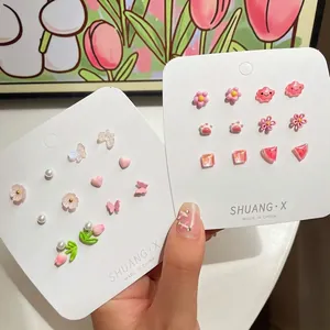 Cute Mixed Stud Earrings Colorful Flowers Butterfly Heart Shaped With 925 Sterling Silver Earring Post Sweet Alloy Resin Jewelry For Women Girls