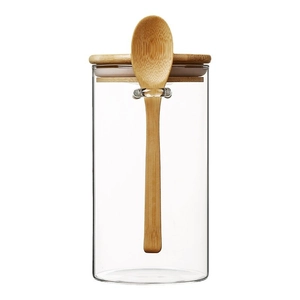 Borosilicate glass storage jar with bamboo lid and spoon, clear container for sugar