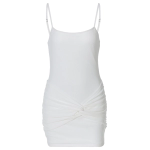 Detailed close-up of white ribbed fabric with knot design and ruching on mini dress