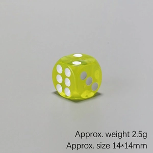 Close-up of a 14mm fluorescent green translucent resin dice weighing 2.5g for gaming