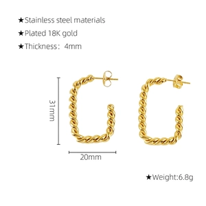 Detail view of U-shaped twisted rope earrings in 18K gold plated stainless steel